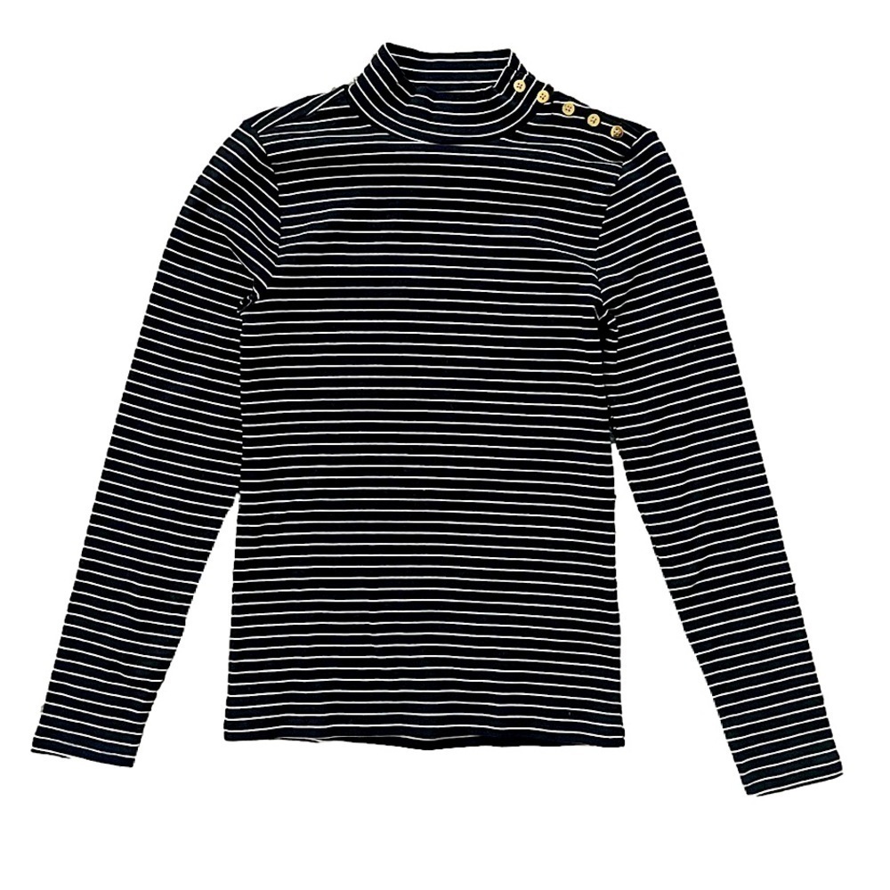 J. Crew Black Striped Gold Button Mock Neck Long Sleeve Top, S
